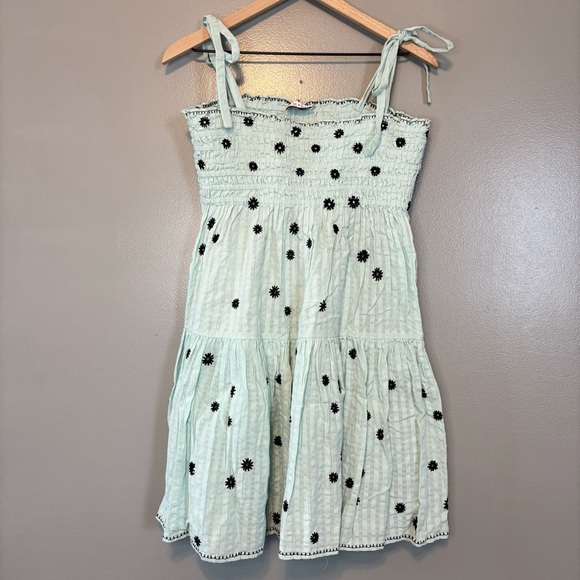 Tanya Taylor Small Lina Smocked Embroidered Cotton Mini Dress Swim Coverup Teal - Picture 2 of 7